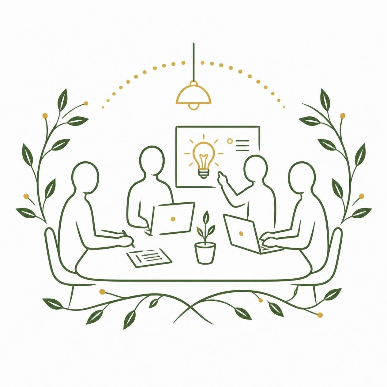 Ilustración de cuatro personas colaborando alrededor de una mesa de trabajo, con una idea en el pizarrón, enmarcadas por ramas con hojas.
